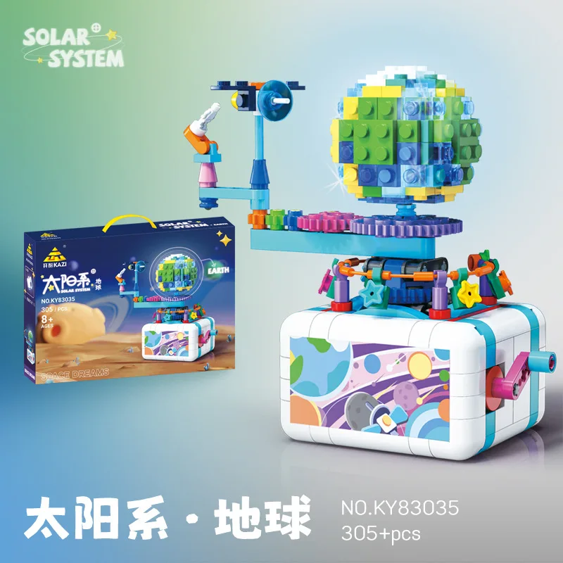 

Building block assembly hand cranked solar system model "- manual orbital rotation with luminous planets