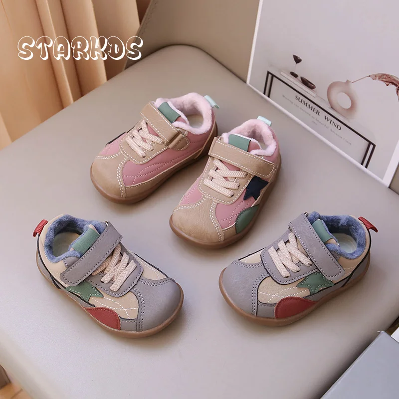 Warm Plush Star Patch Sneakers Baby Child Winter Furry Low Top Casual Sport Shoes Boys Girls Comfort Travel Walk Shoes