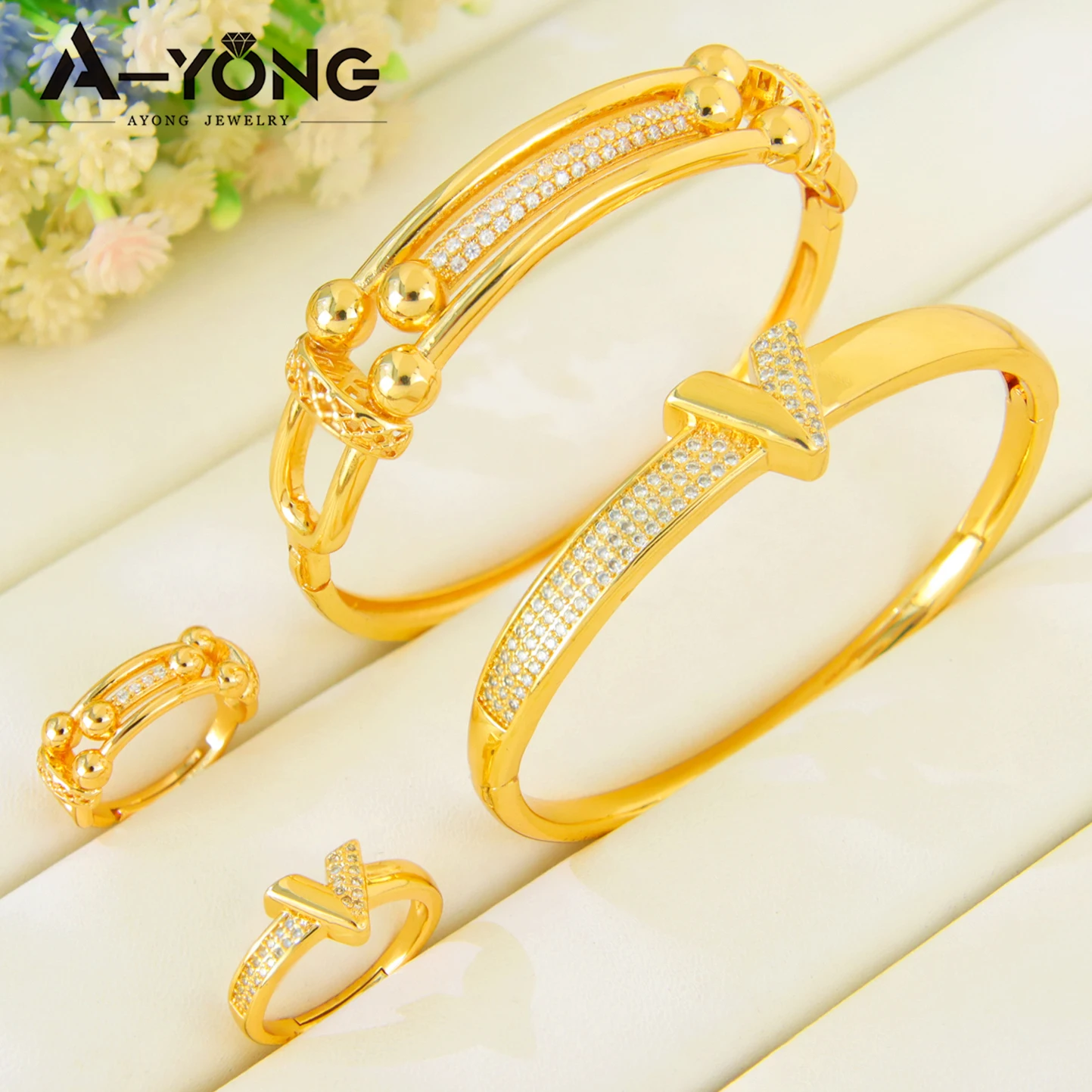 

Italian Fashion Zirconia Jewelry Set 24k Gold Plated Arabic Open Geometric Bangles Ring Brazilian Turkish Vintage Party Jewelrys