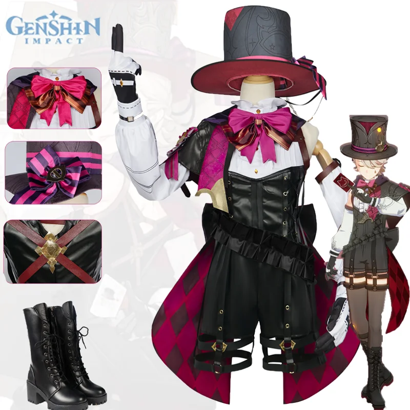 Costume de Cosplay de Genshin Impact Lyney, Chaussures, Chapeau, Accessoires, Ensemble Complet, Uniforme de Magicien, Tenues de ixd'Halloween pour Femme