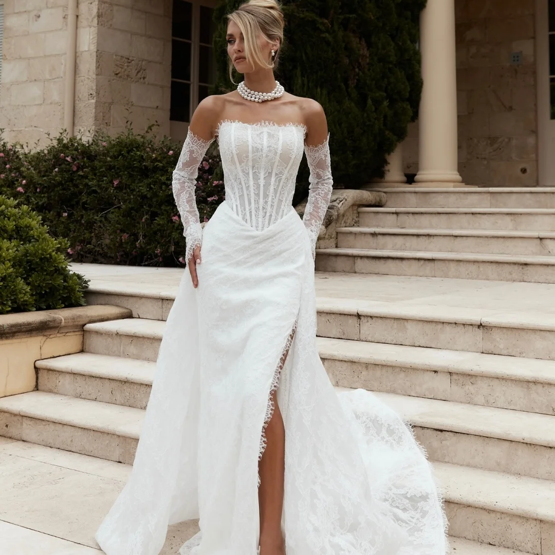 Sansa op maat gemaakte witte strapless mouwen feestjurk trailing kanten galajurk rugloze mesh stof vloerlengte avondjurken