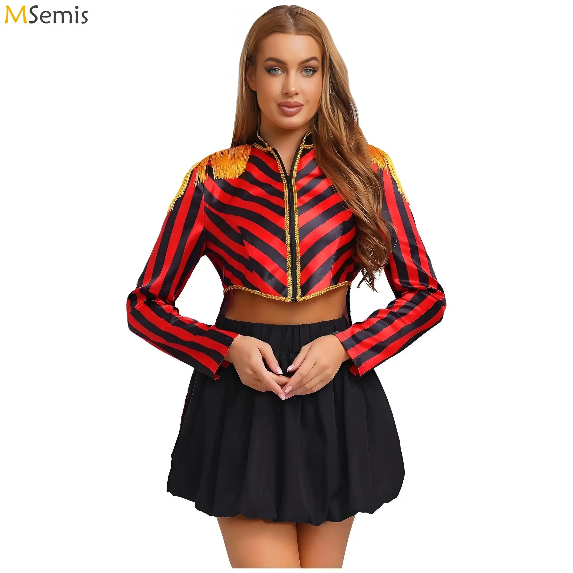 

Womens Circus Ringmaster Costume Halloween Cosplay Tailcoat Jacket Tassel Shoulder Boards Carnival Magician Lion Tamer Clothes