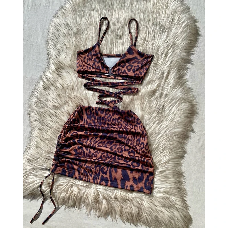 Sexy Dress Female 2-piece Suit Summer Leopard Print Lace-up Suspender Top+hip Skirt Tight Skirt Suit Nightclub Party Costume