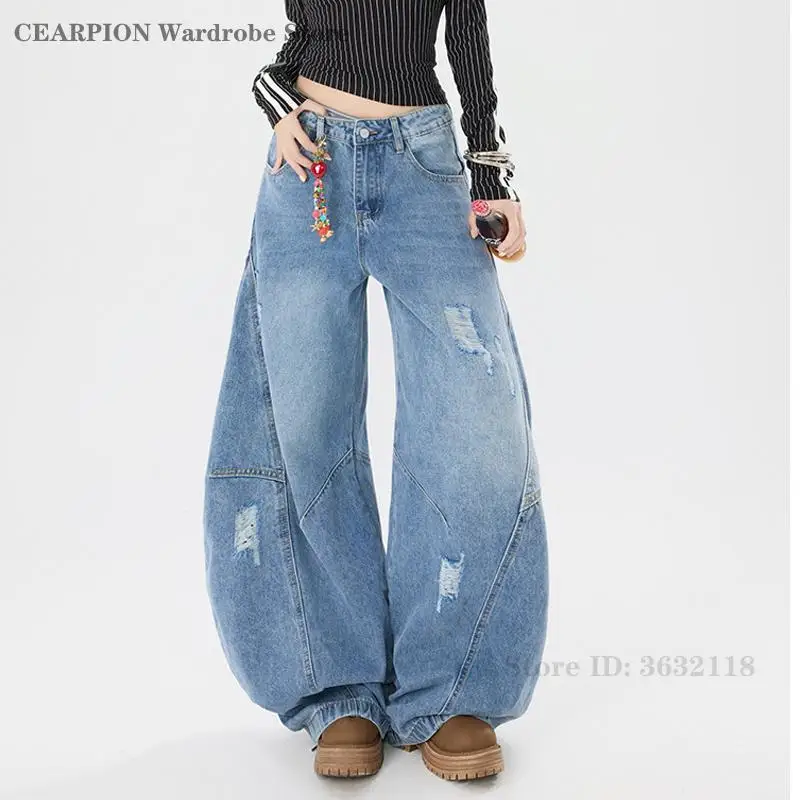

Модные повседневные джинсы с широкими штанинами, рваные, с дырками, новые, прямого кроя, с высокой талией, свободные, длинные брюки для женщин, уличный стиль