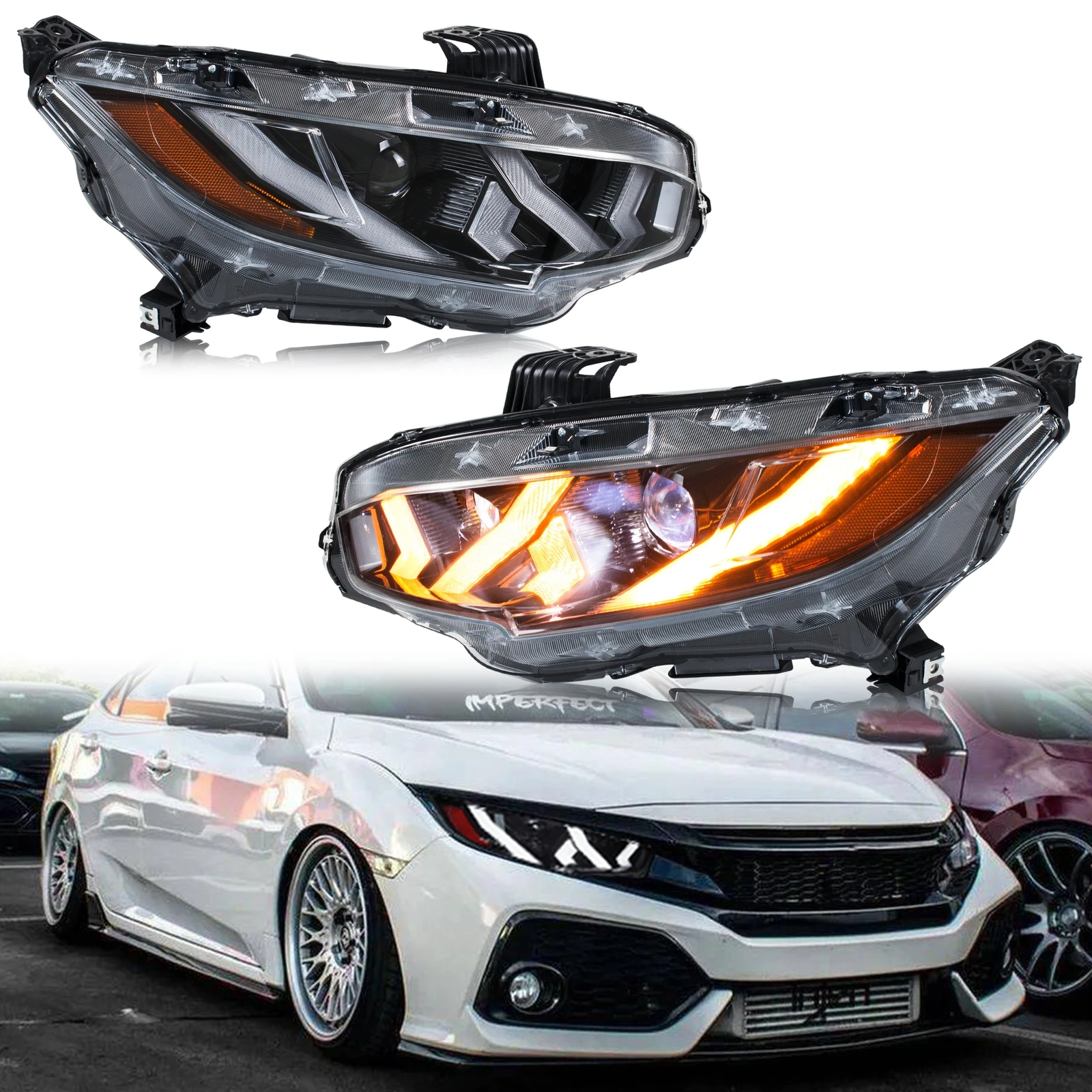 

LED Headlights for Honda Civic X 2016-2021 10th Gen Type-R DRL Projector Sequential Turn Signal Lambo Style Front Lamps Assembly