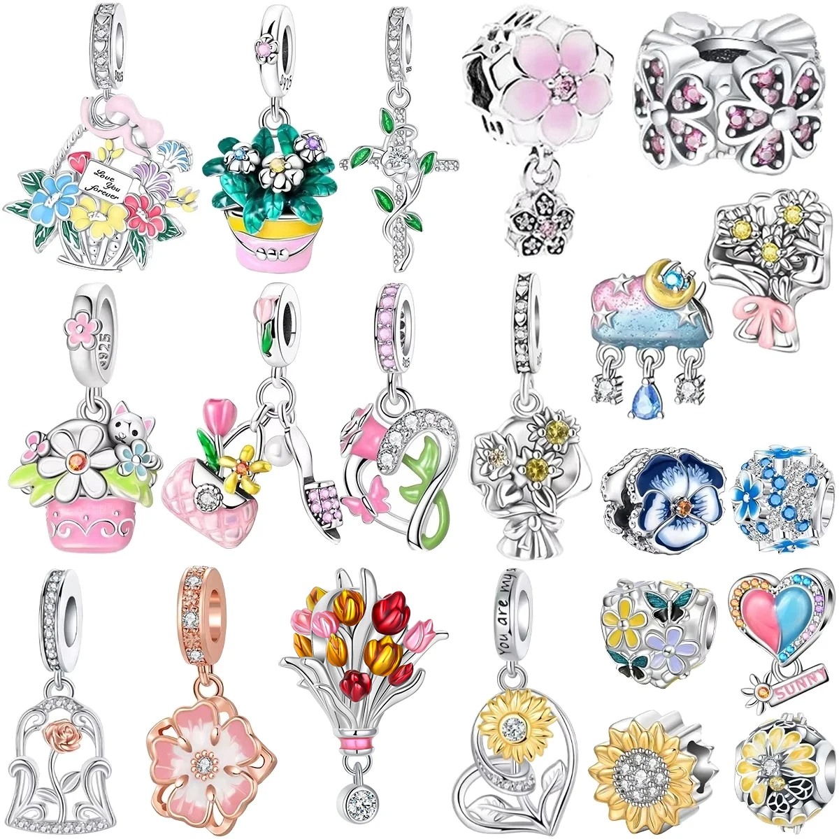 

Flower Pendant 925 Sterling Silver Clover Roses Tulip Daisies Charms Bouquet Cute BeadS Fit Necklace Bracelet Jewelry DIY Gift