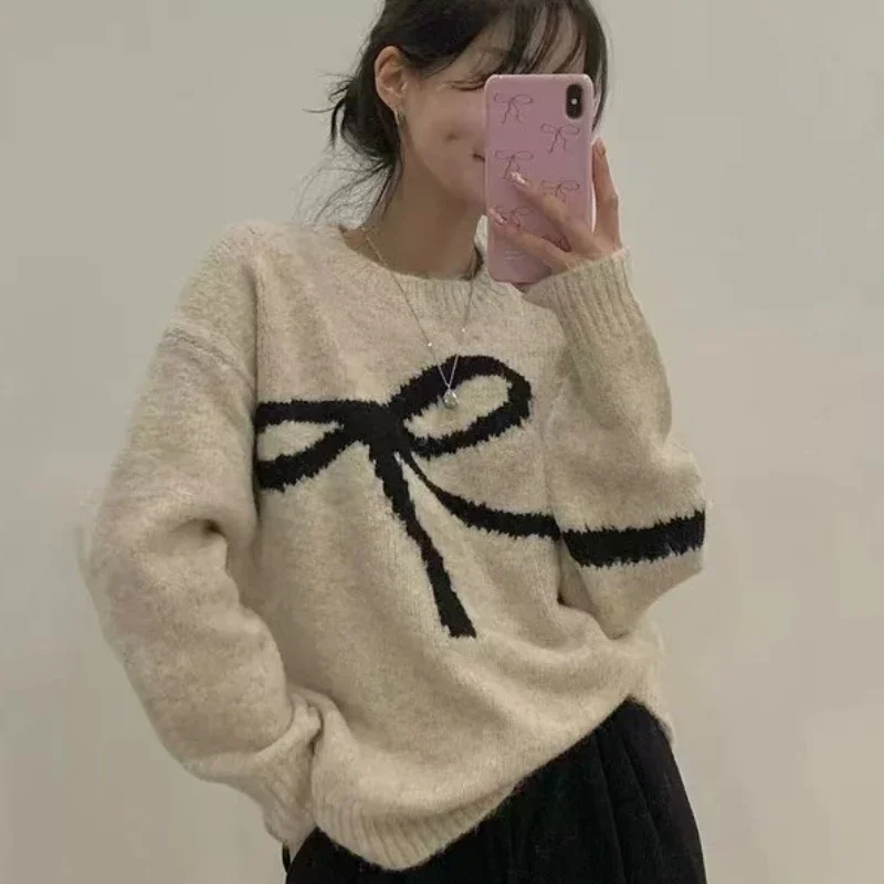Autumn Women O-neck Long Sleeve Pullover Sweater Bow Pattern Loose Elegant Knitted Top Fashion Winter Casual Knitwear