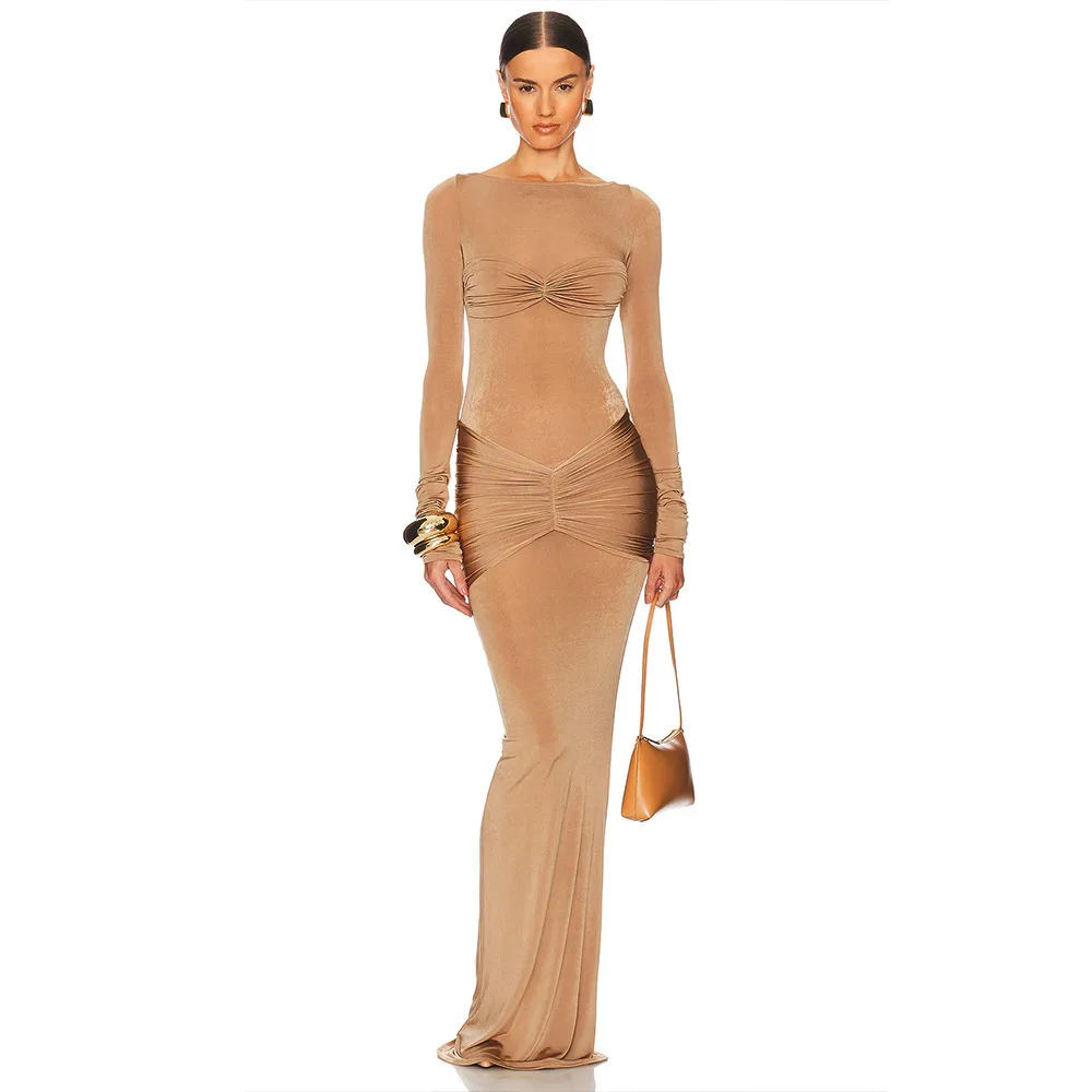 Nowa, modna sukienka bodycon z marszczeniami, seksowna, w jednolitym kolorze, z okrągłym dekoltem, długim rękawem i dopasowanym krojem.