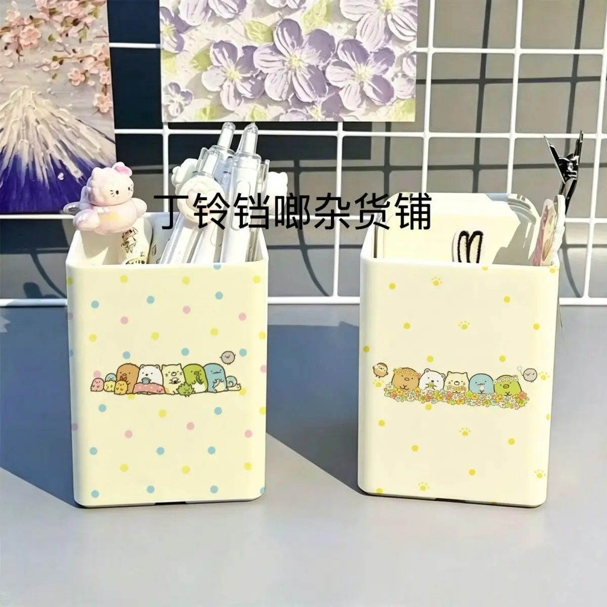 Square Pen Holder 2pcs Round Animal Friends Pastel Polka Dot Pencil Cup Deep Open Top Desktop Storage Kawaii Collection Display