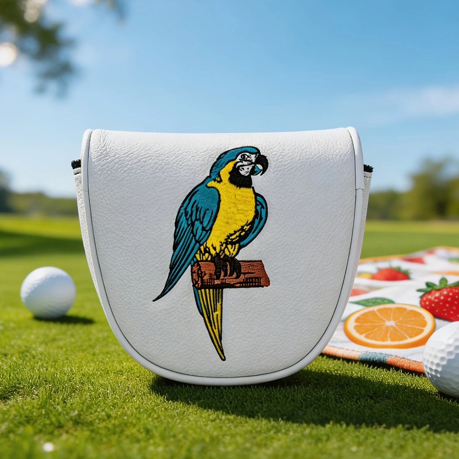 1pc White Parrot Embroidery Mallet Golf Putter Headcover, Wear-Resistant PU Golf Putter Protector, Soft Plush Inner Lining