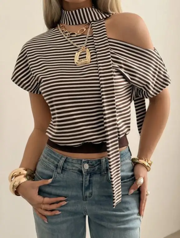 

2026 Spring/summer New Fashion Casual Women's Elegant Sexy Hot Girl Striped Shoulder Strap Short Sleeve Top