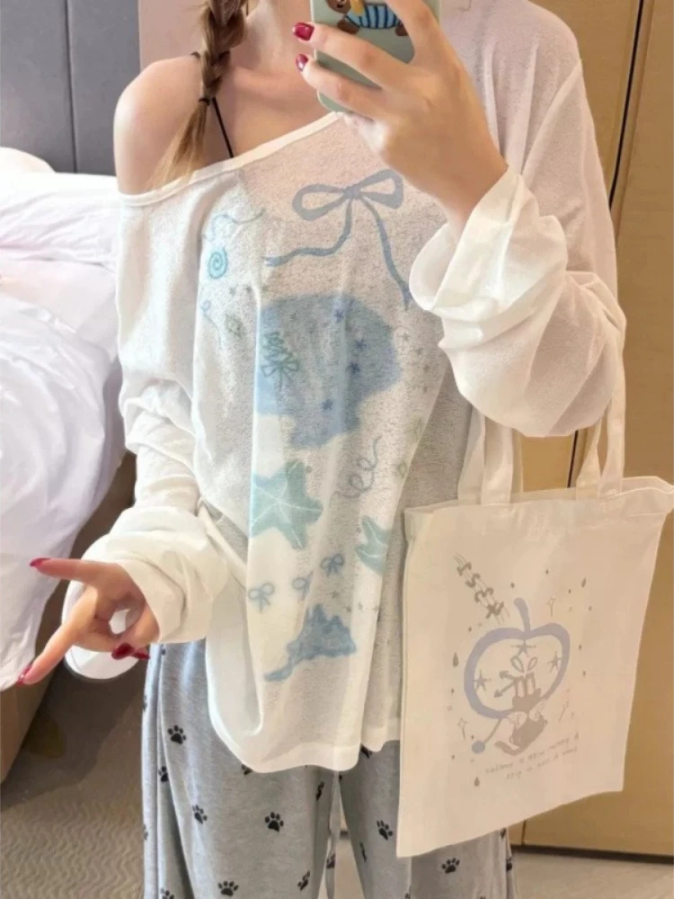 그래피티 프린트 티셔츠 여성 하라주쿠 한국 Y2k 오버사이즈 티셔츠 빈티지 긴팔 햇빛 가리개 셔츠 탑 스트릿웨어 탑