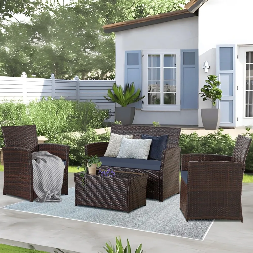 4 Piece Outdoor Furniture Set, Patio Wicker Sectional Sofa with Tempered Glass Coffee Table and Cushions, Rattan Conversation