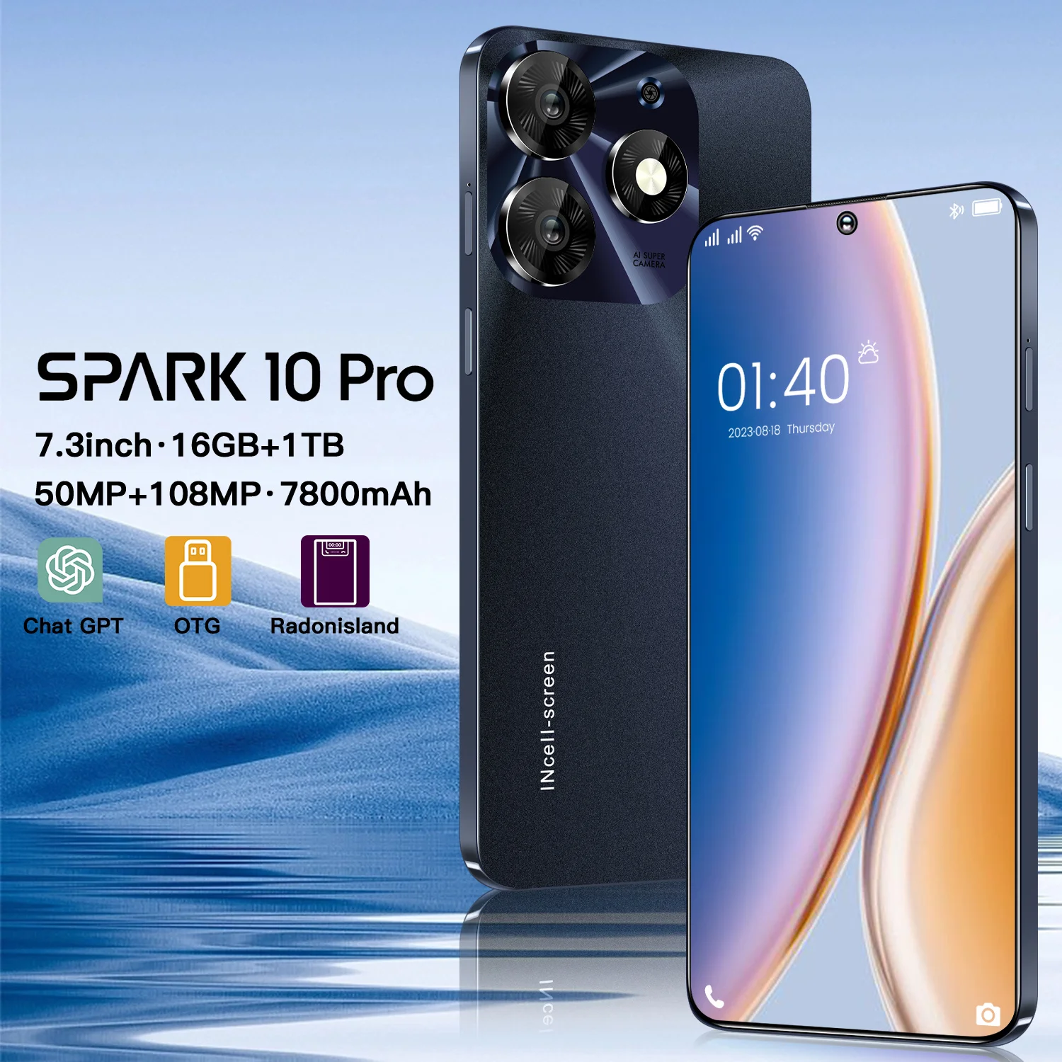 Global Version Spark10Pro  5G Smartphone 7.3 Inch 16GB RAM+1024GB ROM Dimensity 9200+,108MP Camera 7800Mah Battery Android Phone