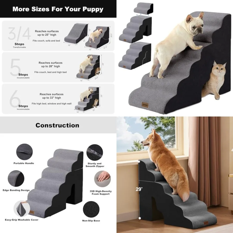 

Dog Ramp for High Beds - 29" H 6 Steps Pet Stairs for Large Dogs with Tunnel 2 in 1 with Zippers Suitable, Indoor Cat Ladders w