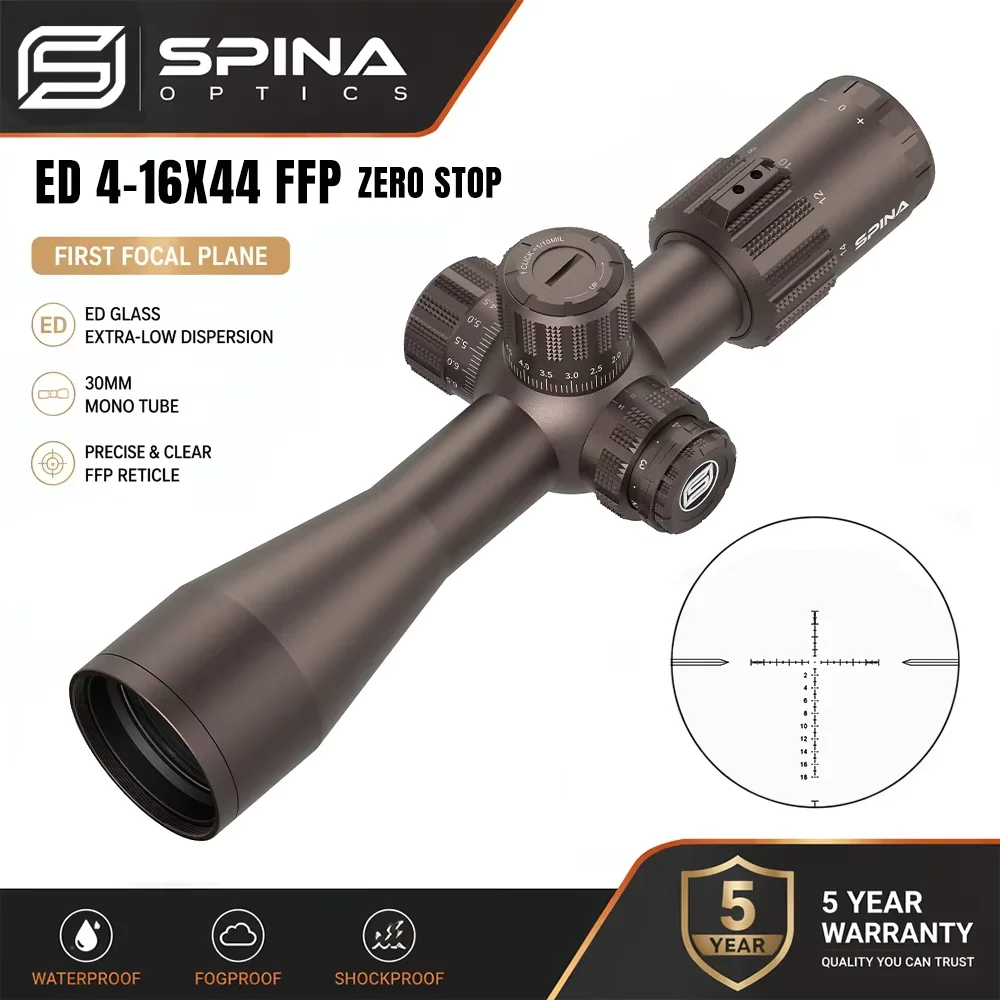 SPINA OPTICS Riptide GEN II ED 4-16x44 FFP,First Focal Plane w Zero Stop,Compact Scope Sight,1/10MIL,Side Parallax,Bronze Color