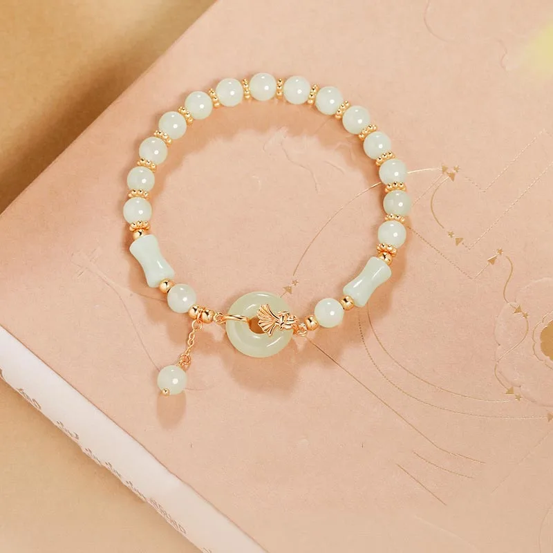 Natural Hetian Jade Beaded Bracelet for Women Unique Vintage Design Handmade Jewelry Elegant Boho Gift Trendy Minimalist Style