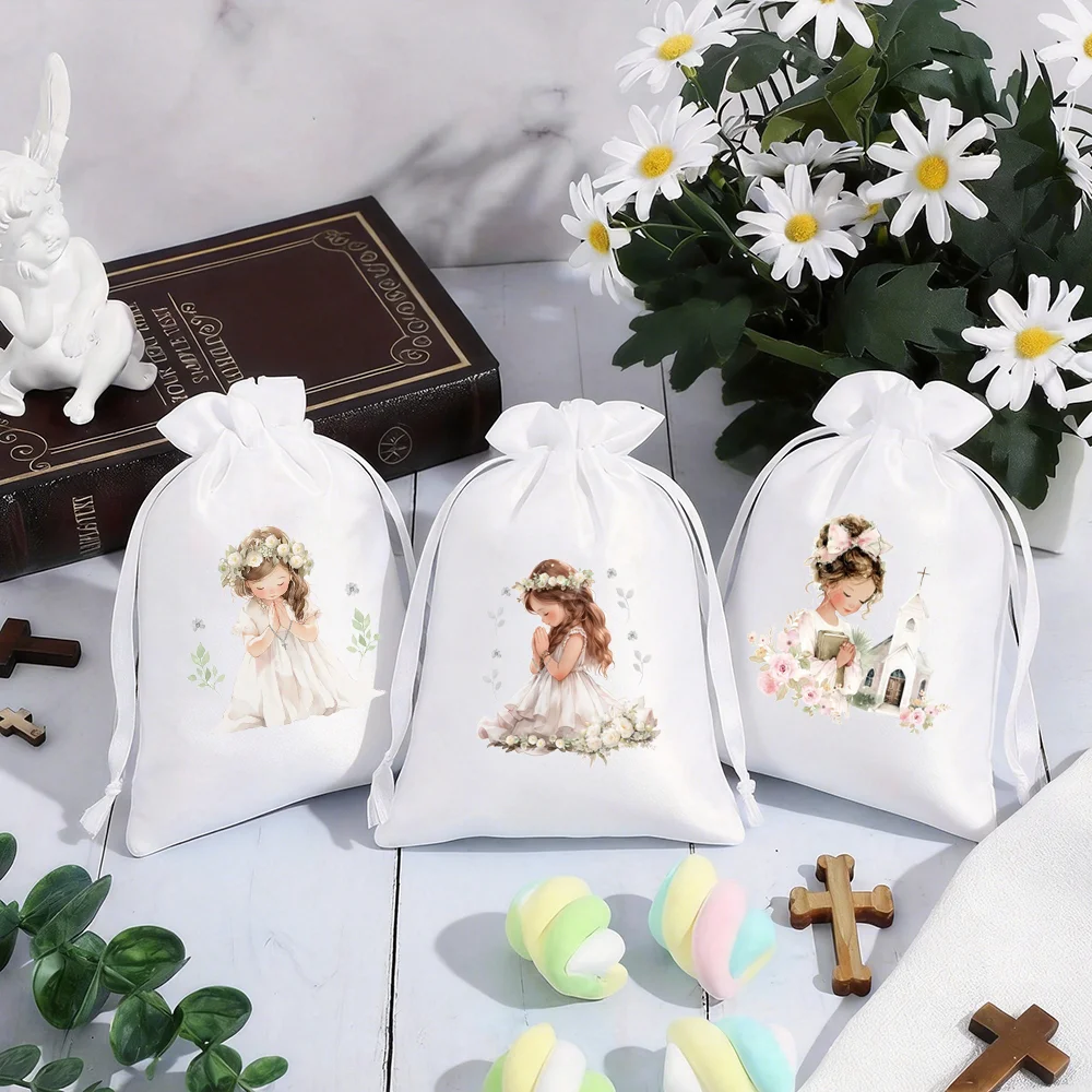 Paquete de 5 Bolsas de Regalo para Primera Comunión, 13x18cm, Diseño Floral, Recuerdos Religiosos, Regalos de Agradecimiento, Decoraciones para Fiestas