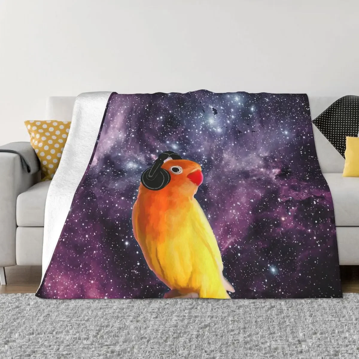 Space Animal Blanket Flannel Decoration Lovebird Listening To Music In Outer Portable Home Bedspread