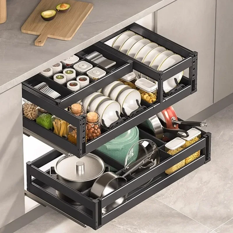 Kitchen Cabinet Draw Basket Dish Basket Drawer Type Aluminum Alloy Dish Cabinet Draw Multi-layer Basket Damping