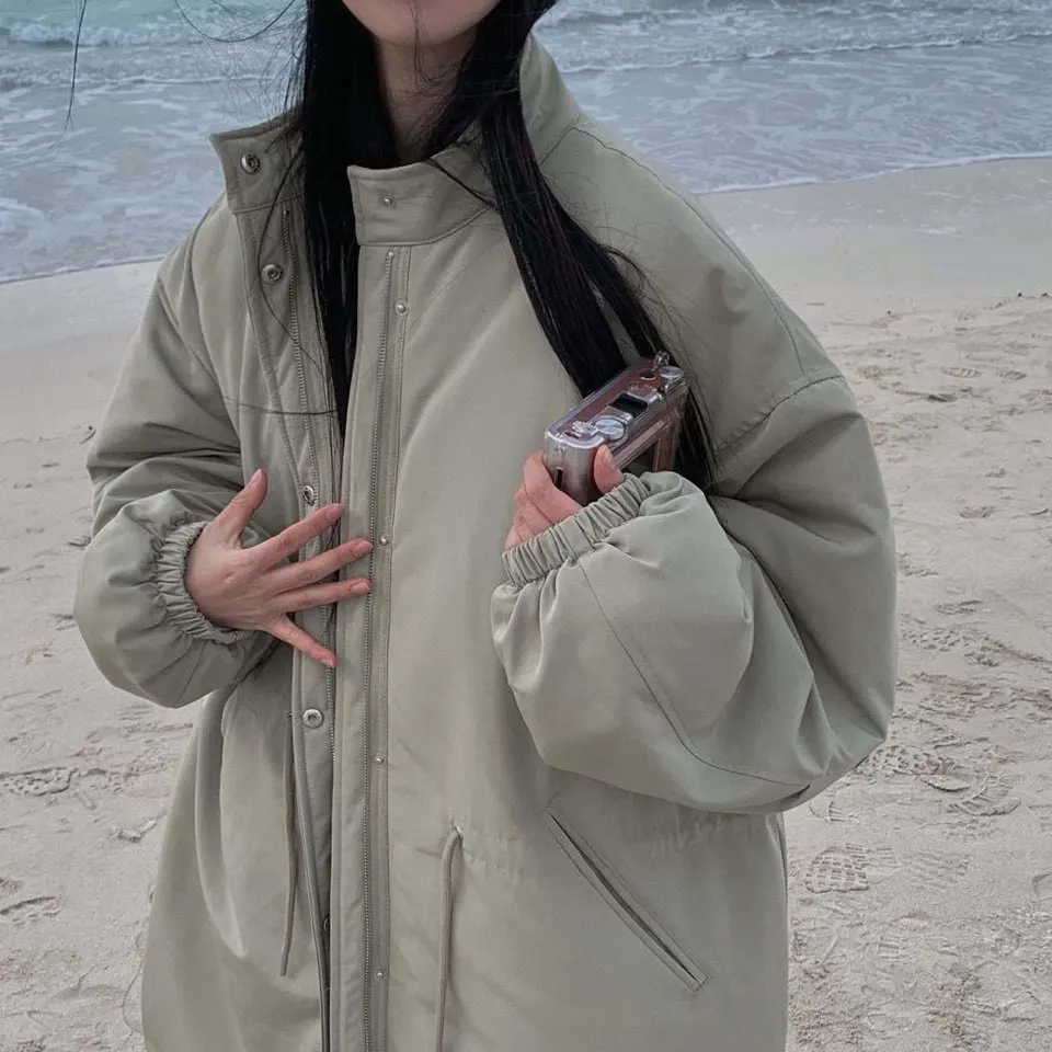 Women Parkas Long Coats Jackets Stand Collar Drawstring Coat Thick Warm Y2k Streetwear Jacket Work Outerwear Autumn Winter