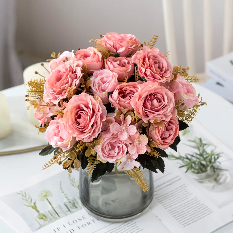 الزهور الاصطناعية الحرير الورود باقة العروس ديكور المنزل الخريف اكسسوارات الزفاف التخليص حديقة وهمية الفاوانيا الكوبية الفن جدار #6