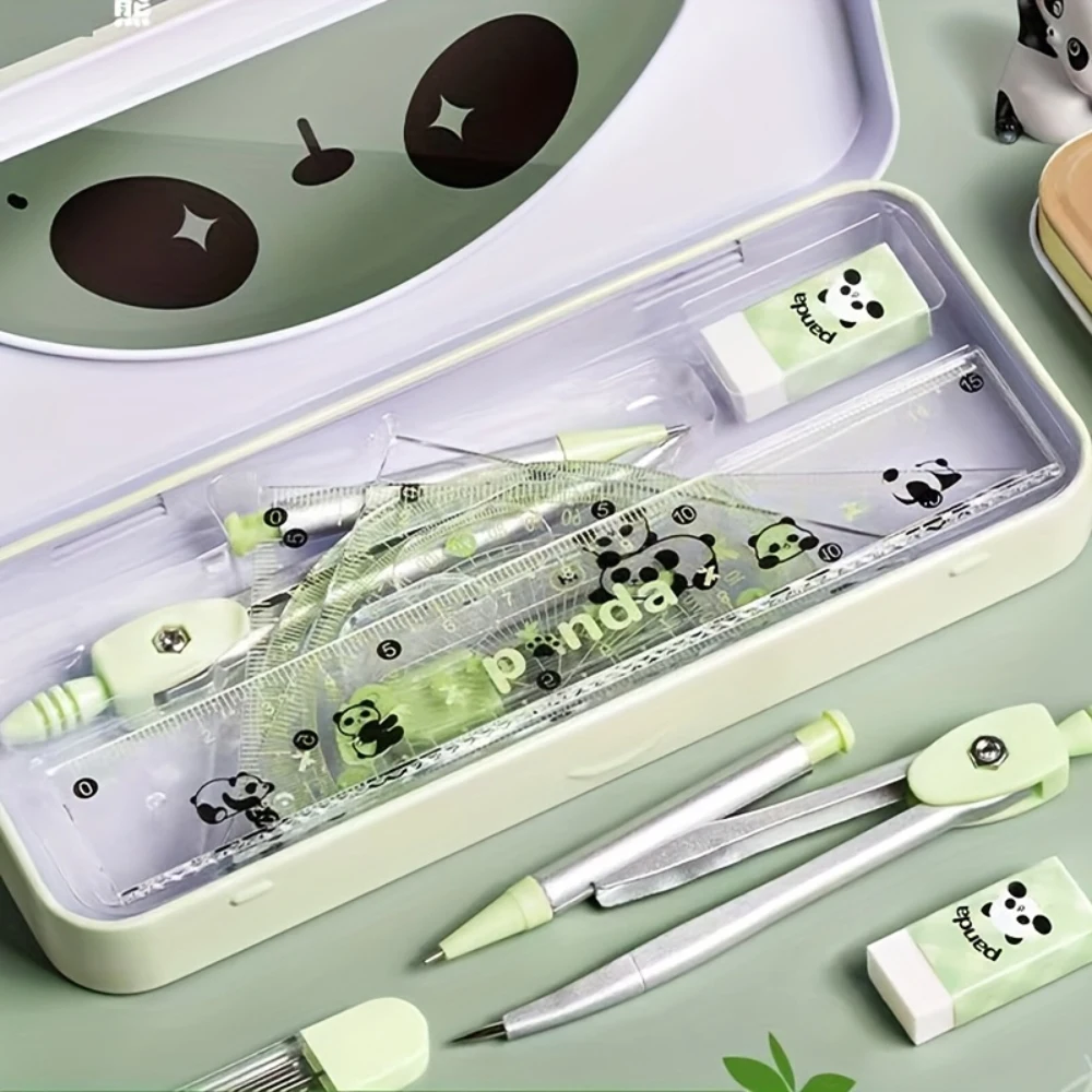 7 Pcs/Set Cartoon Panda Acrylic Rulers Multi-Function School Stationery Mathematical Drawing Tools for Students Iron Boxed