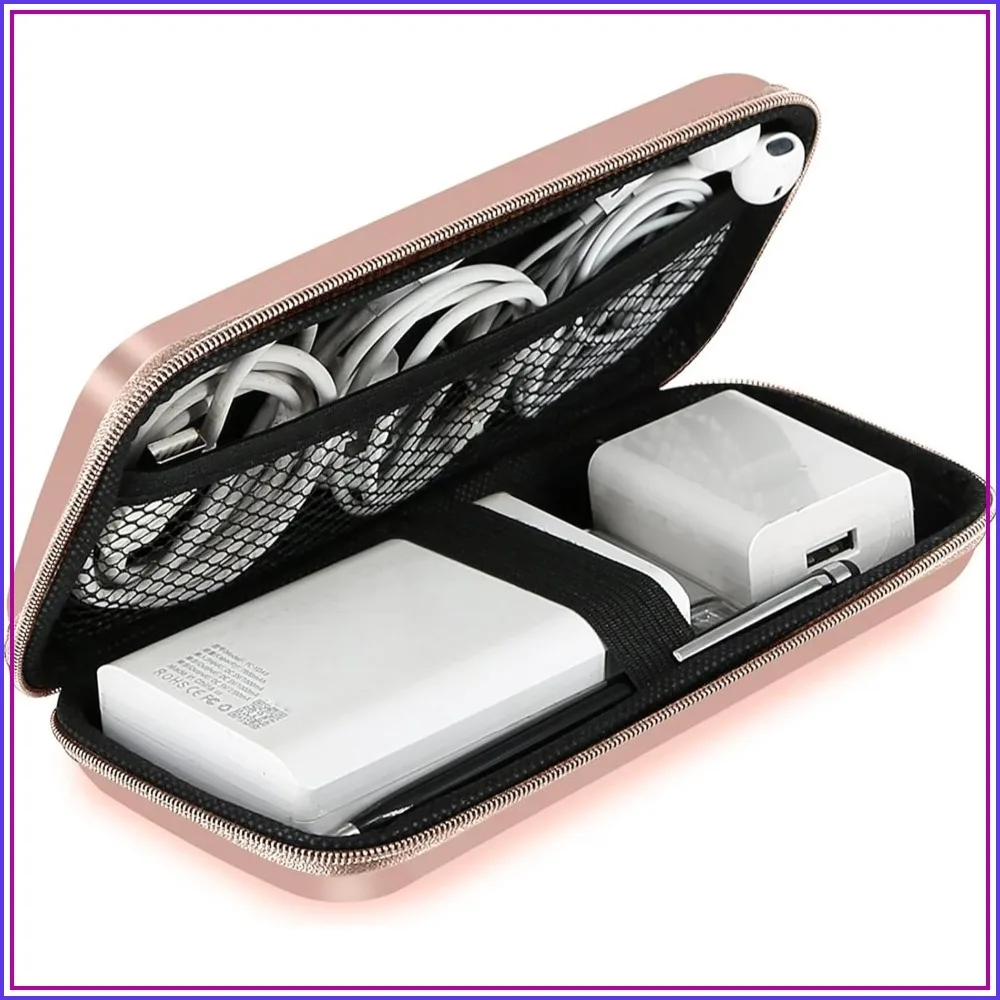 Travel Essential Electronics Organizer Pouch Charger Case, Shockproof Dual Zipper Power Bank Cables Tech Accessories Purse, Men & Women Must Have Storage Bag, 6.5x3.2x1 inch Rose Gold