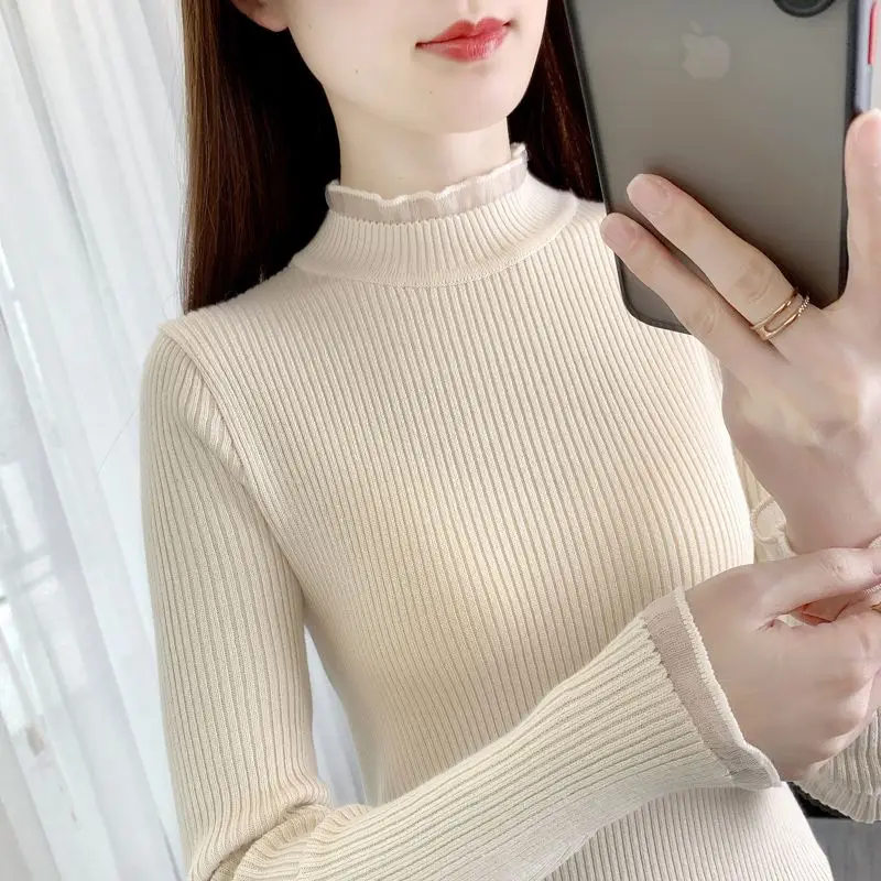 Women's Clothing Half High Collar Solid Color Long Sleeve Lace Pullover Sweater Knitted Casual Elegant Autumn Winter Tops