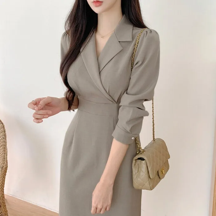 Elegant Autumnal Vintage Style Long Sleeve Belted Slimming Midi Dress Women's Chic Tailored Collar Dress City Commute Ready