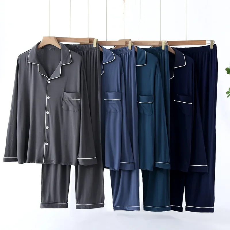 Men's Trouser Pajamas Sets 2024 Autumn New Long Sleeve Soft Modal Thin Plus-sized Homewear Suit Solid Pyjama Men Home Loose Set