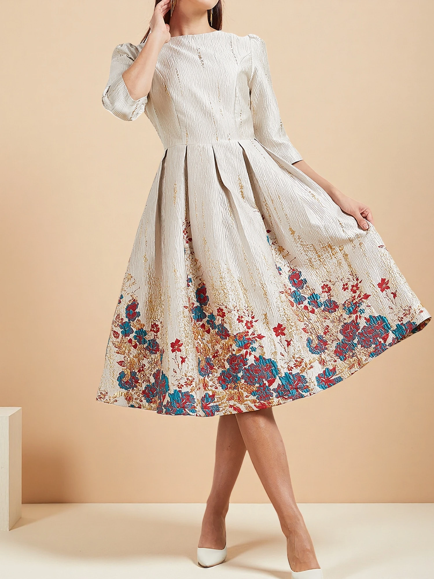 DEVCHATA Autunno Inverno Donne di Lusso Abito a Metà Polpaccio Stile Inghilterra Nuovo Floreale Moda Jacquard Partito Vita Sottile Al Ginocchio Abiti