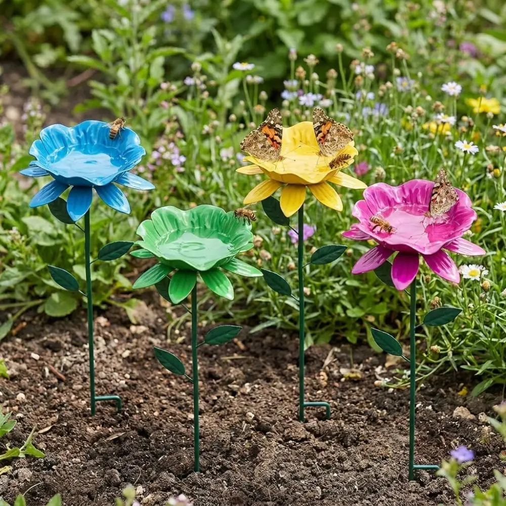 Flower Shape Metal Garden Birdbath Weather Resistant Rust Resistant Bee Watering Station UV Resistant Handcrafted