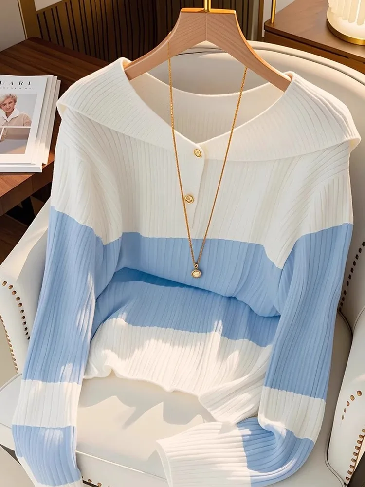 

Korean Sle Lazy Navy Collar Spliced Color Knitwear Slimming Base irt Faionable Autumn Long Sve Ele Top