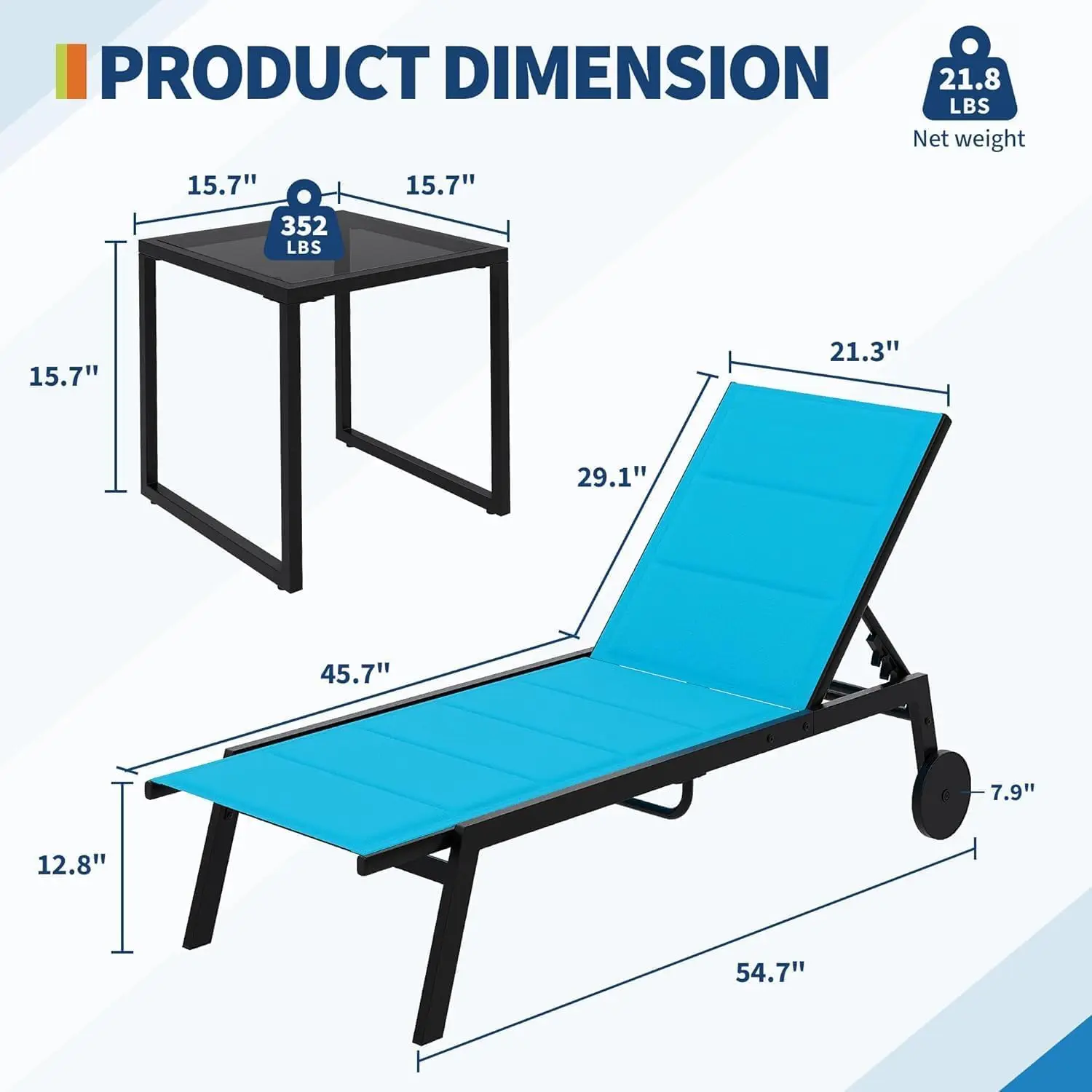 Garvee 1set Outdoor Lounge Chair with Side Table, Iron Frame 5 Position Recline Rolling Wheels Move Loungers Easily Side Table Holds Drinks & Books, Breathable Fabric Stays Cool