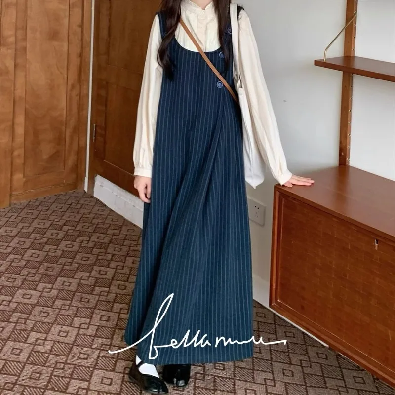 MiiiiX Sweet Girl Casual Shirt Strap Dress Suit Women's 2024 Autum Fungus Edge Long-sleeved Shirt Striped Dress Two-piece Set