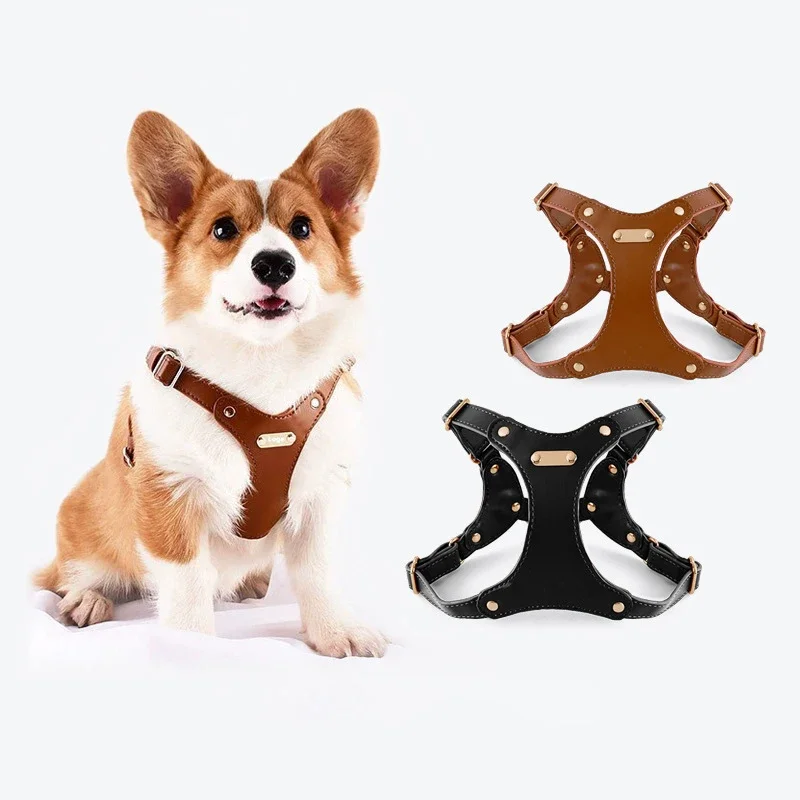 Soft Leather Dog Collar Leashes Suit Thickened Metal Harness Adjustable Waterproof Harnesses For Products