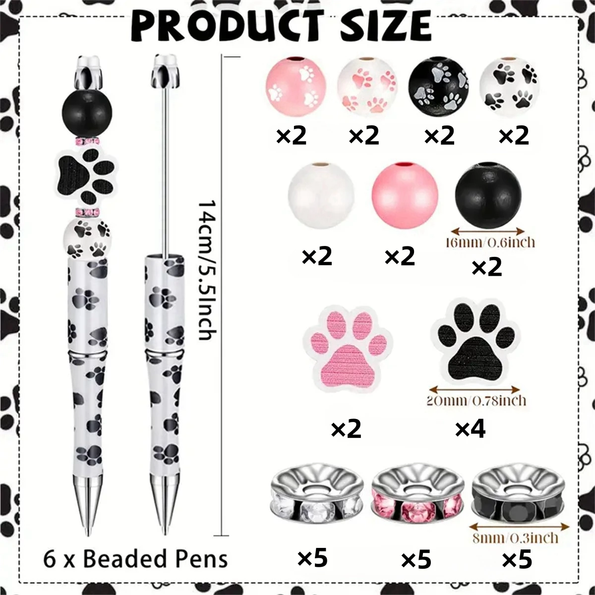 6 PCS cute pink black and white wooden bead dog claws Themed Black Ink DIY Bead Ballpoint Pen And Wooden Bead Set,Office&School