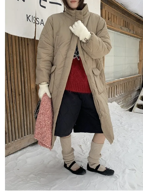 Invierno Aosphere algodón Jaet mujer Faion Stand Collar suelto inserto algodón cálido patrón de diamante abrigo de algodón