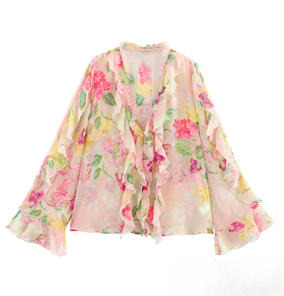 

KONDALA-Women Casual Chic Print Shirt Laminated Decorative Lotus Leaf Collar Shirt New 2025 Summer Fall Picnic Holiday Shirt