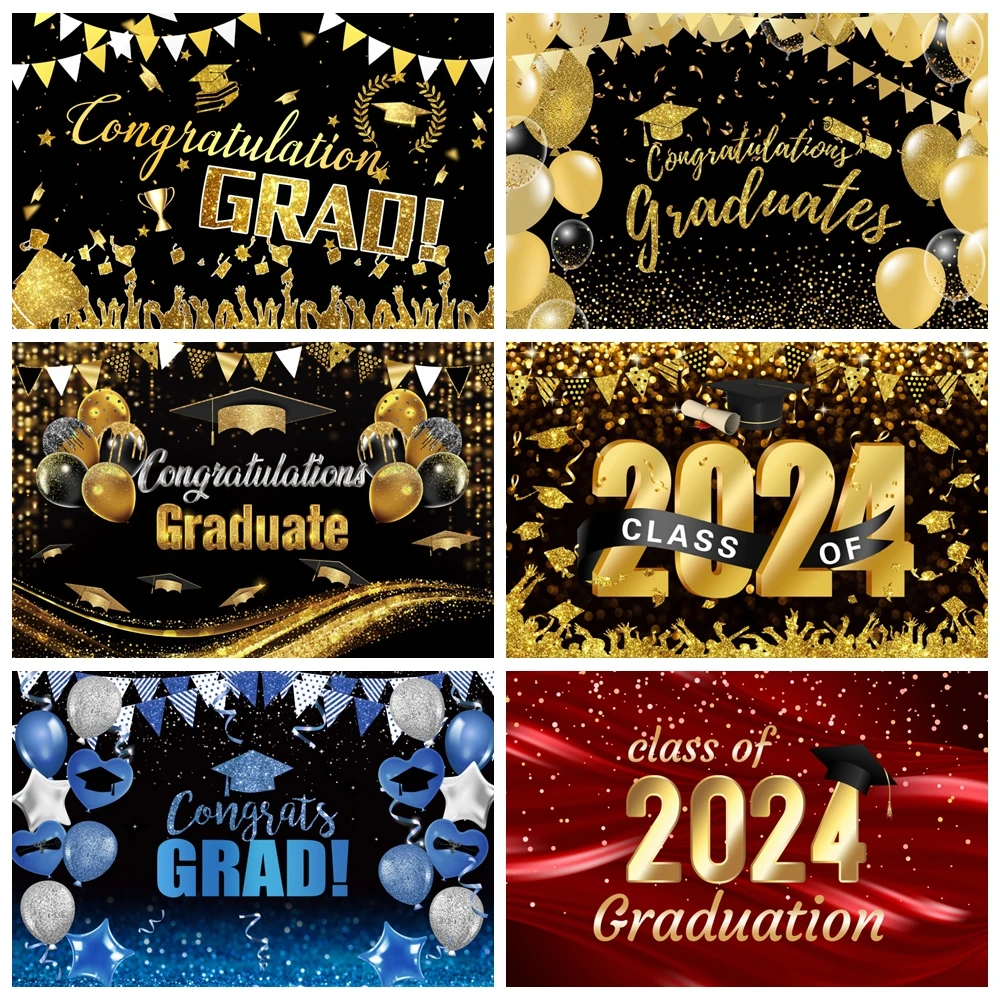 

Congrats Grad Photography Backdrop Gold Glitter Balloon Bachelor Cap Graduation Class of 2024 Party Photocall Photo Background