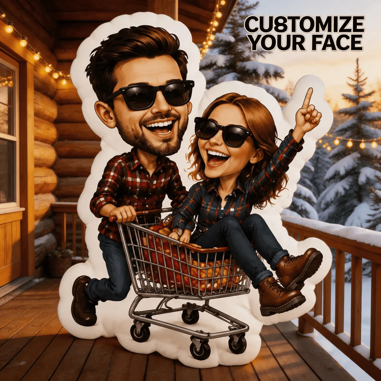 Custom Personalized Photo Couple Shaped Pillow, Funny Cartoon Face Shopping Cart Scene Decorative Cushion, Romantic Gift for Par