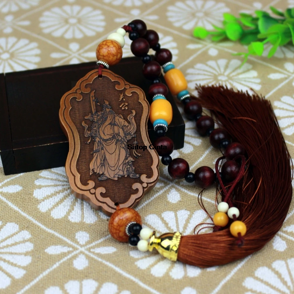 Handmade Peach Wood GuanGong Guanyin Peace Amulet Hanging Ornament Buddha Car Charm Handcrafted Rearview Mirror Tassel Pendants