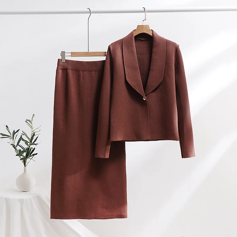 Elegant Blazer Dress Set Women Blazer and Skirt Formal Officewear Women Sets Autumn Winter Knitted Two Piece Set For Women 2024