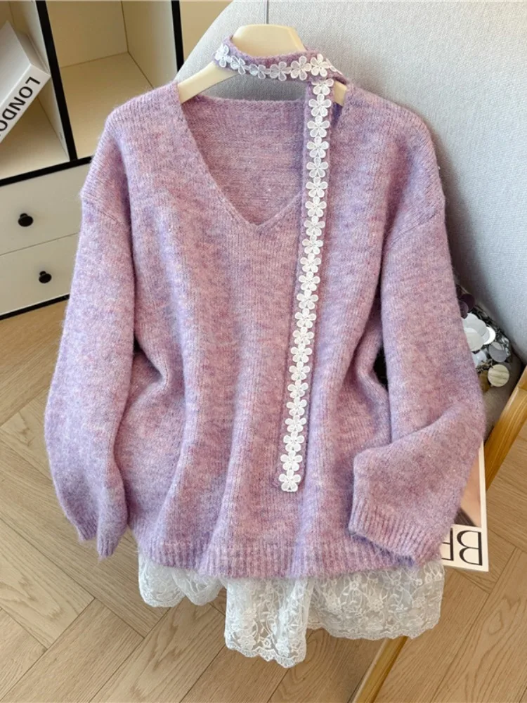 

Chic V-Ne Knitwear Women's Soft Cozy oulder-Length Hanging Ne Autumn Winter Purple Dopne Fake Two-Piece Sweater