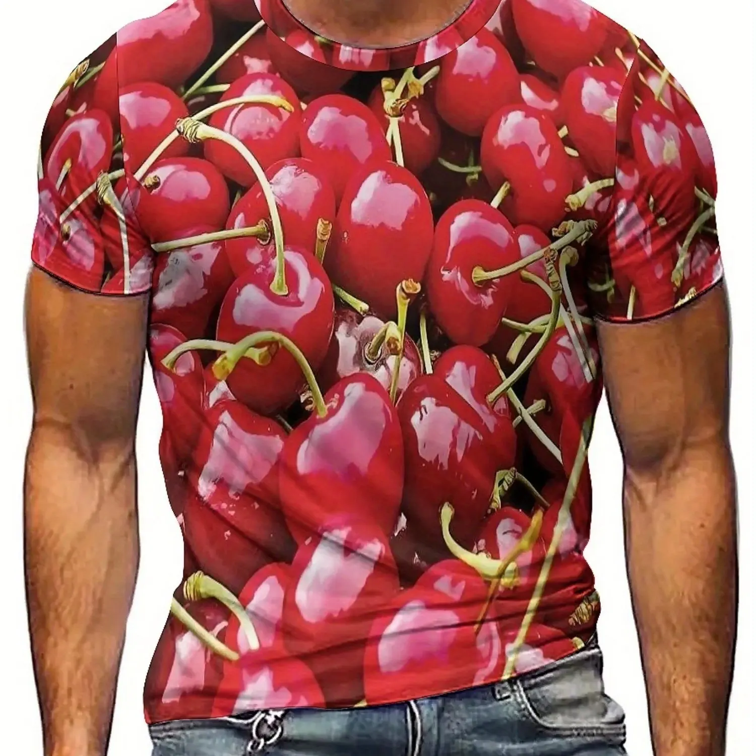 Men's 3D Print Geometric Abstract Art T-Shirt - Vibrant Red Cherry Design, High-Quality Polyester, Loose Fit Casual Streetwear