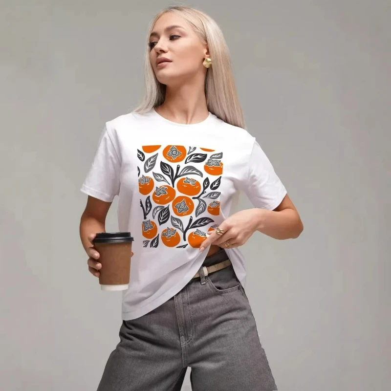 100% Pure Cotton Short-sleeved T-shirt 2026 Summer New Style Fashionable Casual and Versatile Elegant Persimmon Print Loose Top