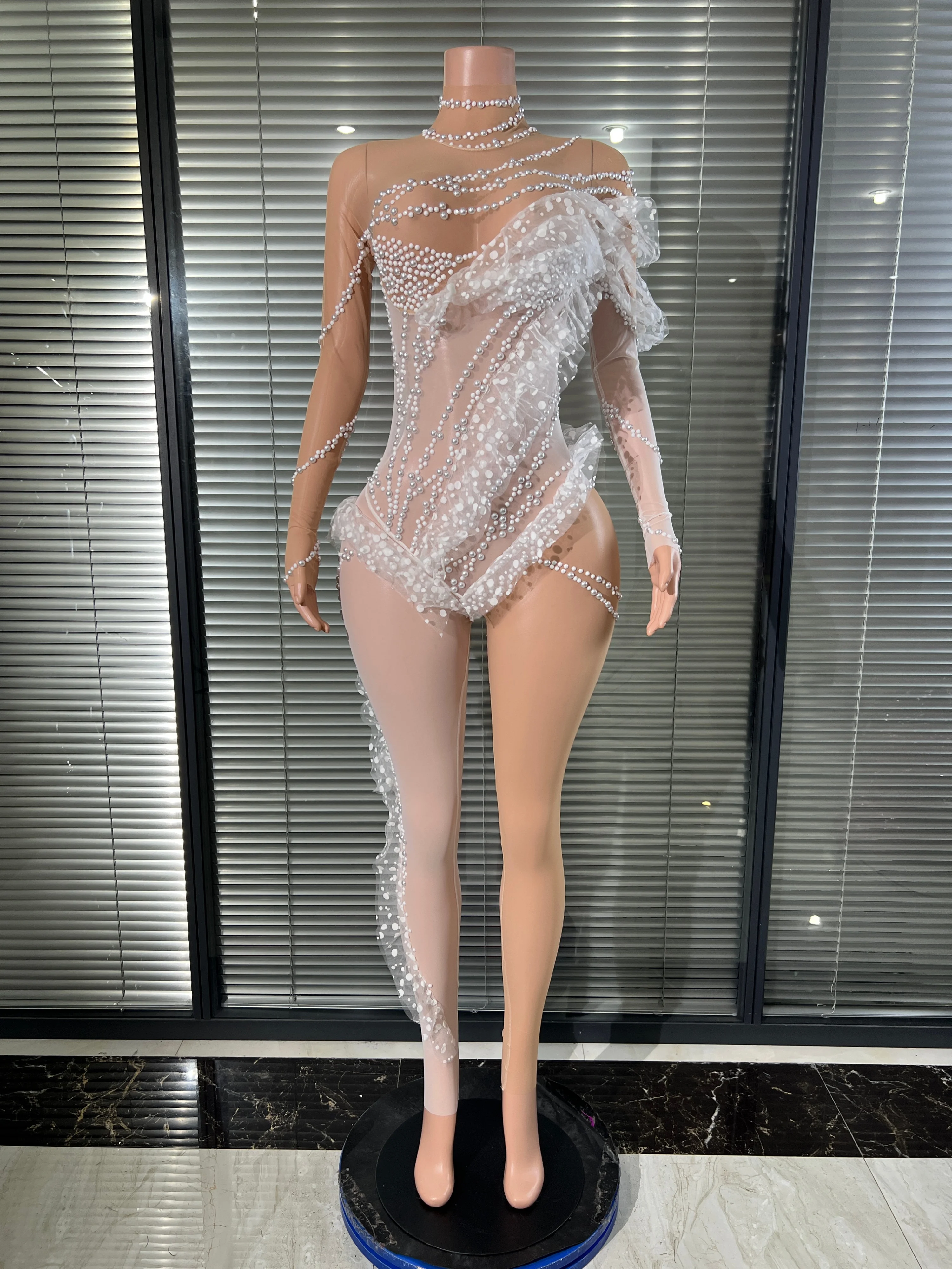 Elegant White Pearl Beaded Mesh BodysuitLong Sleeve Ruffle Asymmetrical OutfitWomen Evening Party Photoshoot Stage Show Costume
