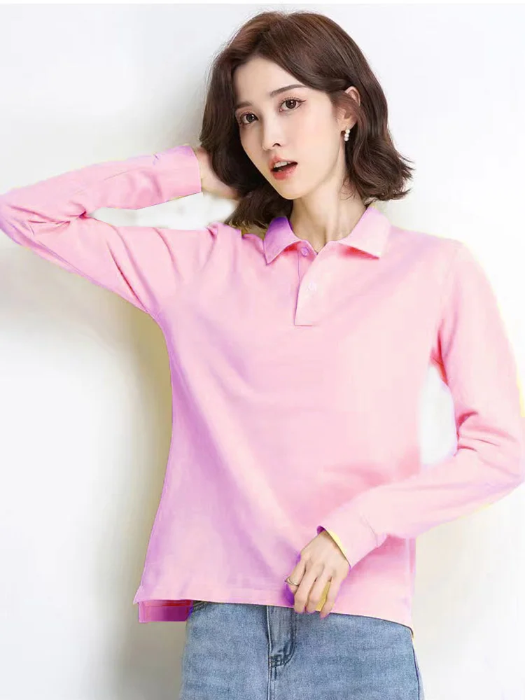 Women Autumn 100% Cotton Casual Long Sleeve Polos  Lapel T-shirt  Breathable Fit Lady Female Large Size Leisure Sport Tees Tops