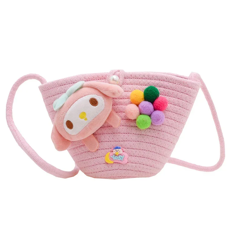 Sanrio Melody Cinnamoroll Kuromi Lotso Woven Shoulder Crossbody Bag Knit Bucket Bag Outdoor Travel Storage Bag for Kids